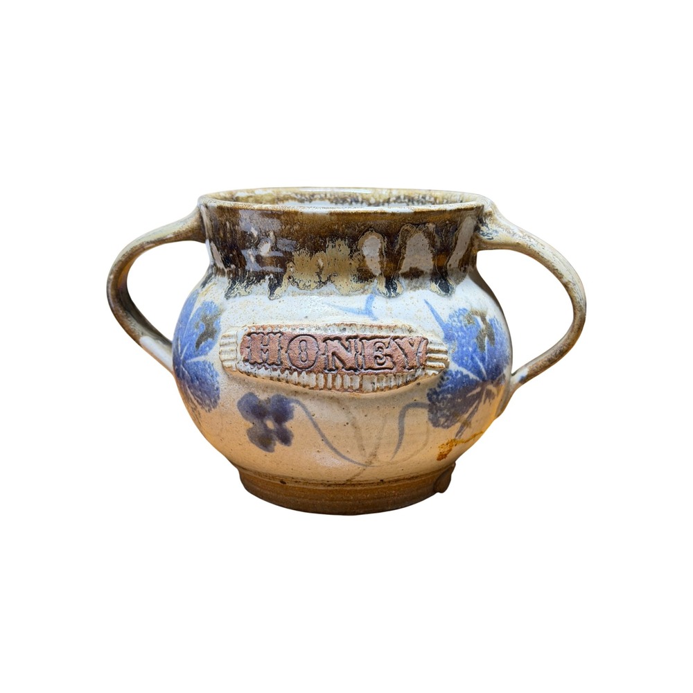 Studio Pottery Honey Pot Blue Floral Stoneware Double Handle Salt Glaze Jar